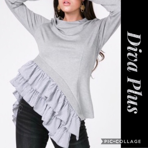 Diva Plus Heather Gray Top w/Asymmetrical Ruffles - Picture 1 of 5